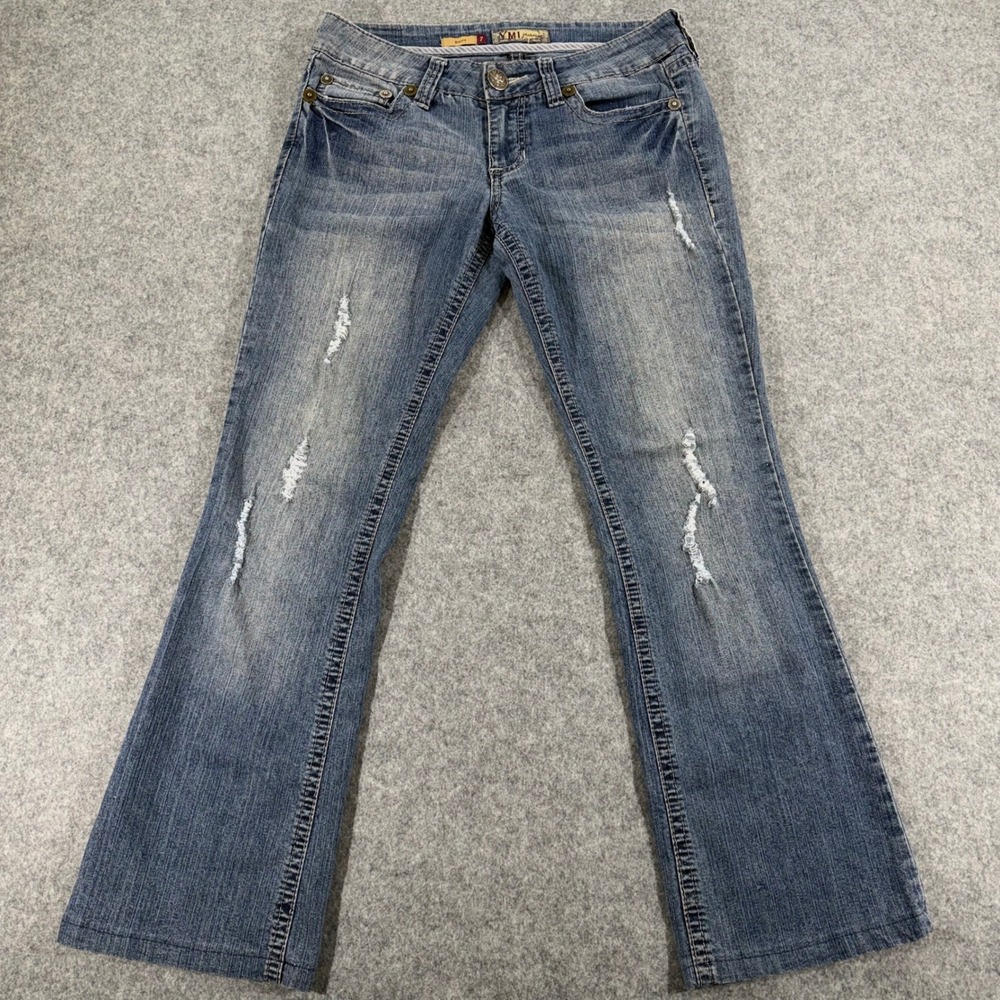YMI Jeans Womens 7 Bootcut Distressed Lace Flap Pocket Denim Medium Wash Blue